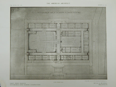 First Prize Design, Pittsburgh High School, Pittsburgh, PA, 1910, Original Plan.