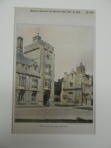 Magdalene College, Cambridge, UK. 1891. Colored Photograph.G.F. Bodley, A.R.A. & T. Garner.