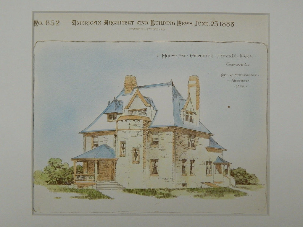 House at Carpenter Station, PRR, Philadelphia, PA, 1888, Original Plan. Cope & Stewardson.