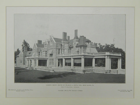Garden Front, House of Francis L. Potts, Esq., Bryn Mawr, PA, 1906, Lithograph.  Cope & Stewardson.