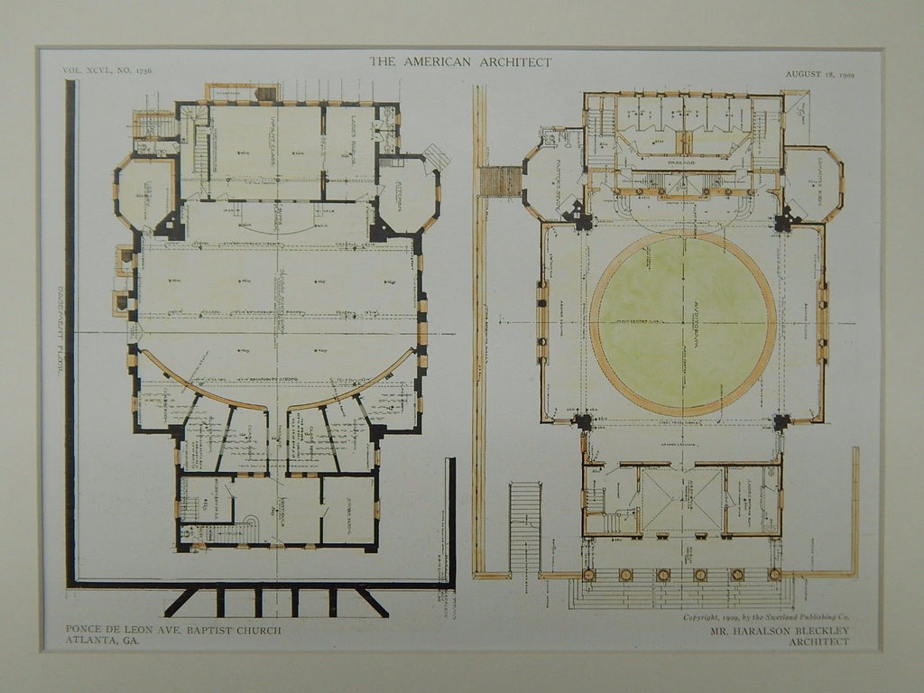 Floors, Baptist Church, Ponce de Leon Ave, Atlanta, GA, 1909, Original Plan. Haralson Bleckley.