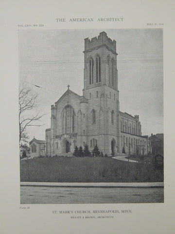 Exterior, St. Mark's Church, Minneapolis, MN, 1918, Lithograph. Hewitt & Brown.