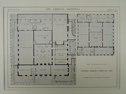 First and Second Floor, Central Library, Portland, OR, 1914, Original Plan. Doyle&Patterson.