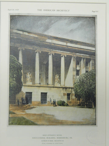 Main Entrance, Educational Building, Harrisburg, PA, 1929, OrigPlan. Gehron/Ross