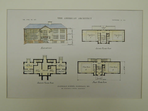 Floor Plans for the Glendale School in Glendale MO, 1915. William B. Ittner. Original