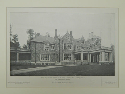 Entrance Front, House of Francis L. Potts, Esq., Bryn Mawr, PA, 1906, Lithograph. Cope & Stewardson.