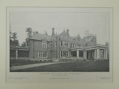 Entrance Front, House of Francis L. Potts, Esq., Bryn Mawr, PA, 1906, Lithograph. Cope & Stewardson.