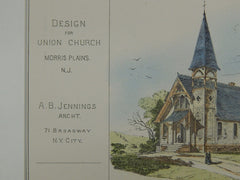 Design for Union Church, Morris Plains, NJ, 1877, Original Plan. A.B. Jennings.