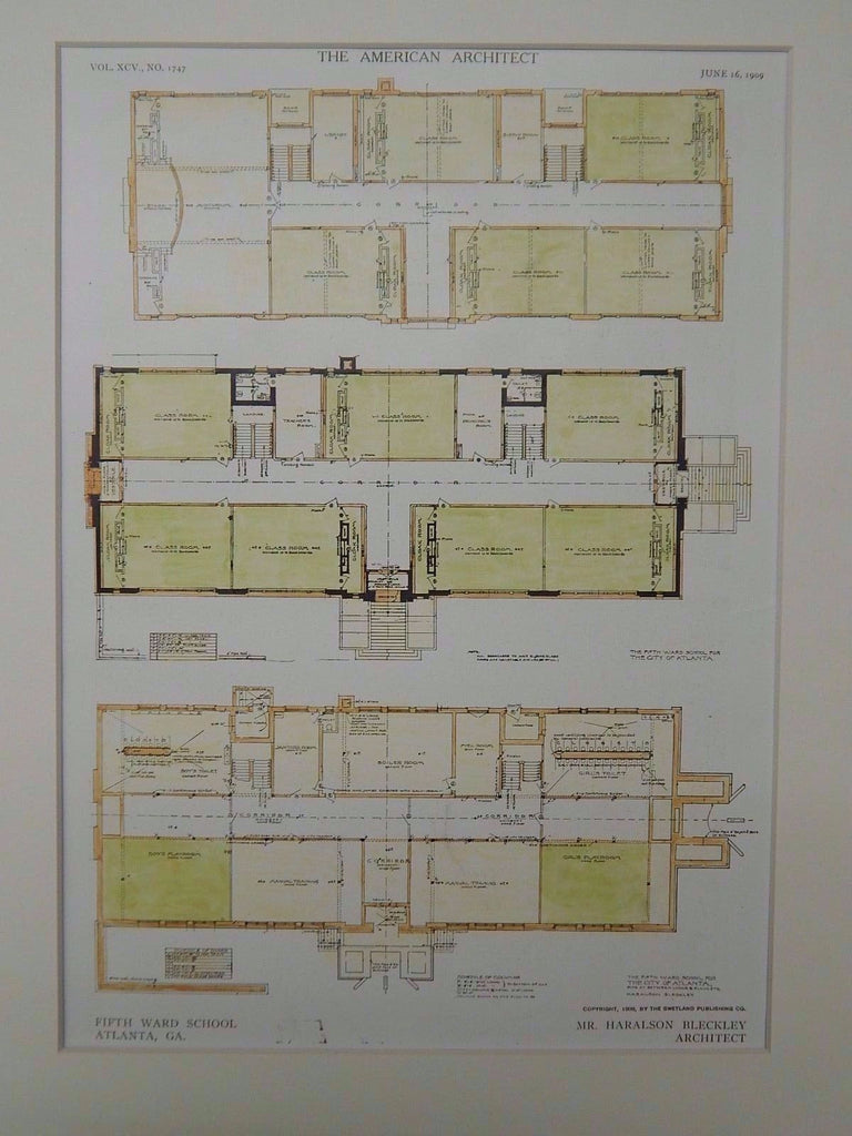 Floor Plans, Fifth Ward School, Atlanta, GA, 1909, Original Plan. Haralson Bleckley.