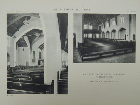 Interior, Westminster Presbyterian Church, Portland, OR, 1918, Lithograph. Lawrence & Holford.