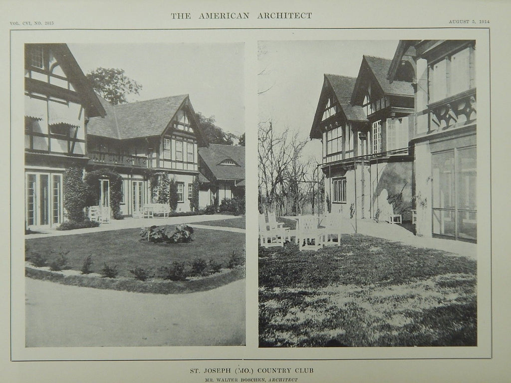 Exterior Details, Country Club, St. Joseph, MO, 1914, Lithograph. Walter Boschen.