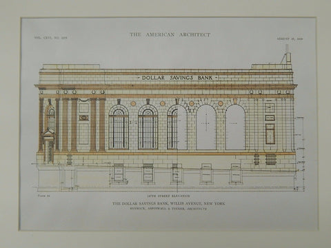Dollar Savings Bank, Willis Avenue, New York, NY, 1919, Original Plan. Renwick, Aspinwall & Tucker.