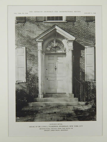 Entrance Detail, House of Dr. Lynn L. Fulkerson, Riverdale, NY, 1922, Lithograph. Dwight James Baum