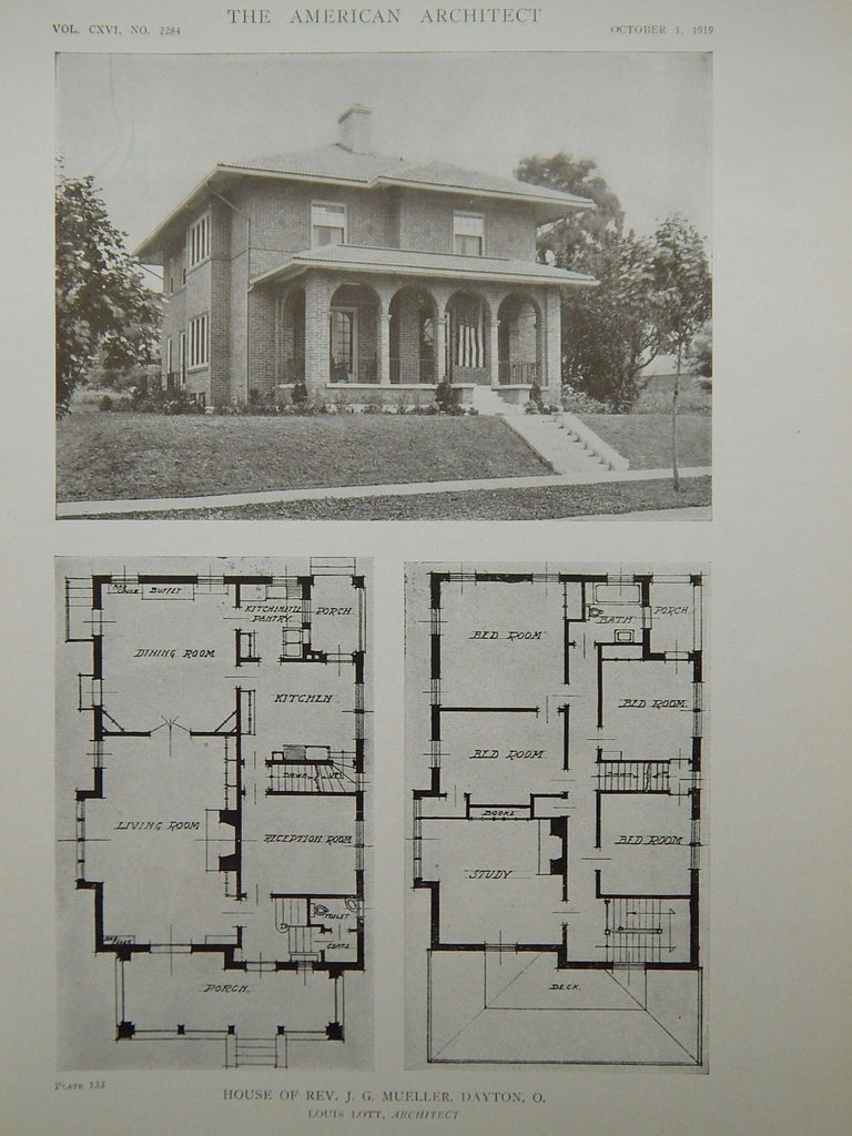 Exterior, House of Rev. J. G. Mueller, Dayton, OH, 1919, Lithograph. Louis Lott.