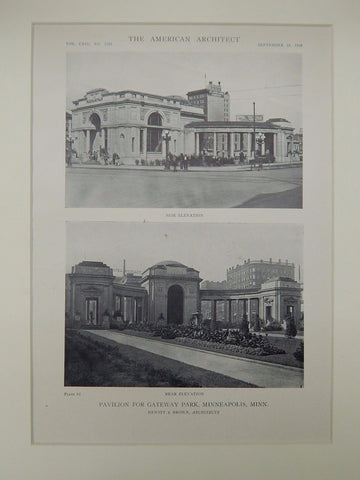 Elevations, Gateway Park Pavilion, Minneapolis, MN, 1918, Lithograph. Hewitt & Brown.
