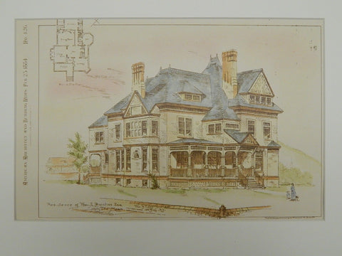 Residence of Wm. A. Prentiss, Esq., Holyoke, MA, 1884, Original Plan. Wm. B. Tubby.
