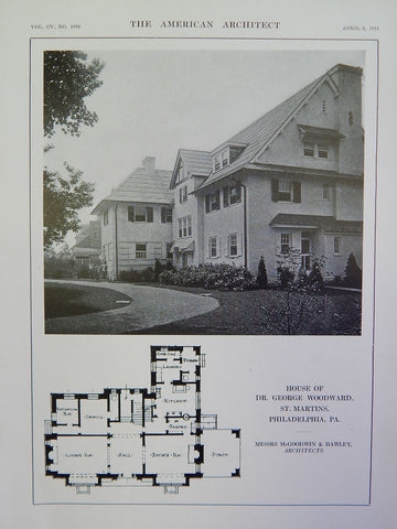 House of Dr. George Woodward, St. Martins, Philadelphia, PA, 1914 Lithograph. Goodwin & Hawley.