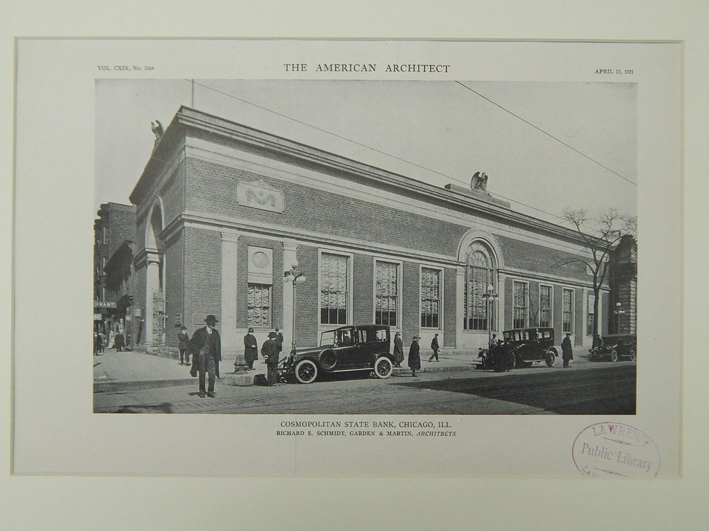 Cosmopolitan State Bank, Chicago, IL, 1921, Litho. Richard E. Schmidt. – St. Croix Architecture Cosmopolitan State Bank, Chicago, IL, 1921, Litho. Richard E. Schmidt. – St. Croix Architecture