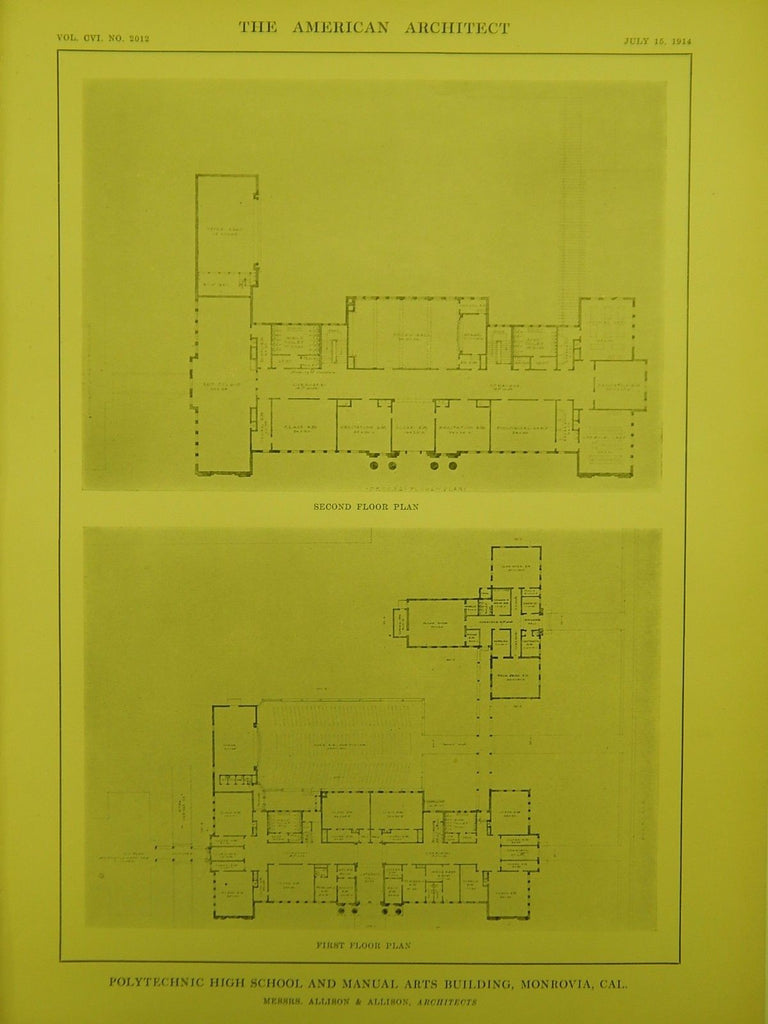 Floors, Polytechnic High School & Manual Arts Bldg., Monrovia, CA, 1914, Original Plan. Allison&Allsion