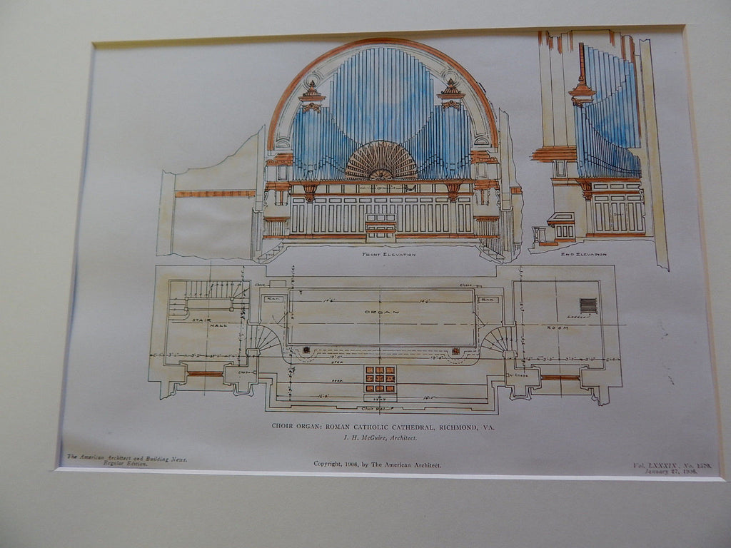 Choir Organ. Roman Catholic Cathedral. Richmond, VA. 1906. Original Plan. J.H. McGuire.