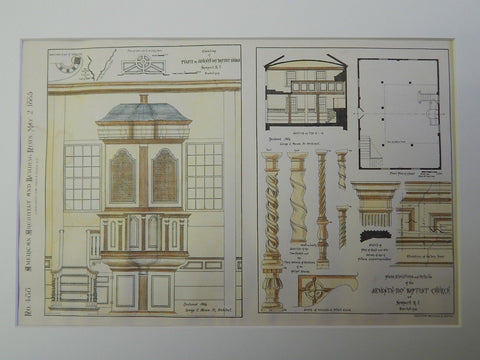 Details, Seventh-Day Baptist Church, Newport, RI, 1885. Original Plan. Mason.