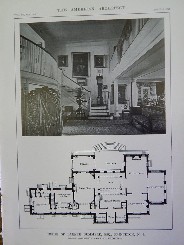 Entryway, House of Barker Gummere, Esq. Princeton, NJ, 1914 Lithograph. McGoodwin & Hawley.