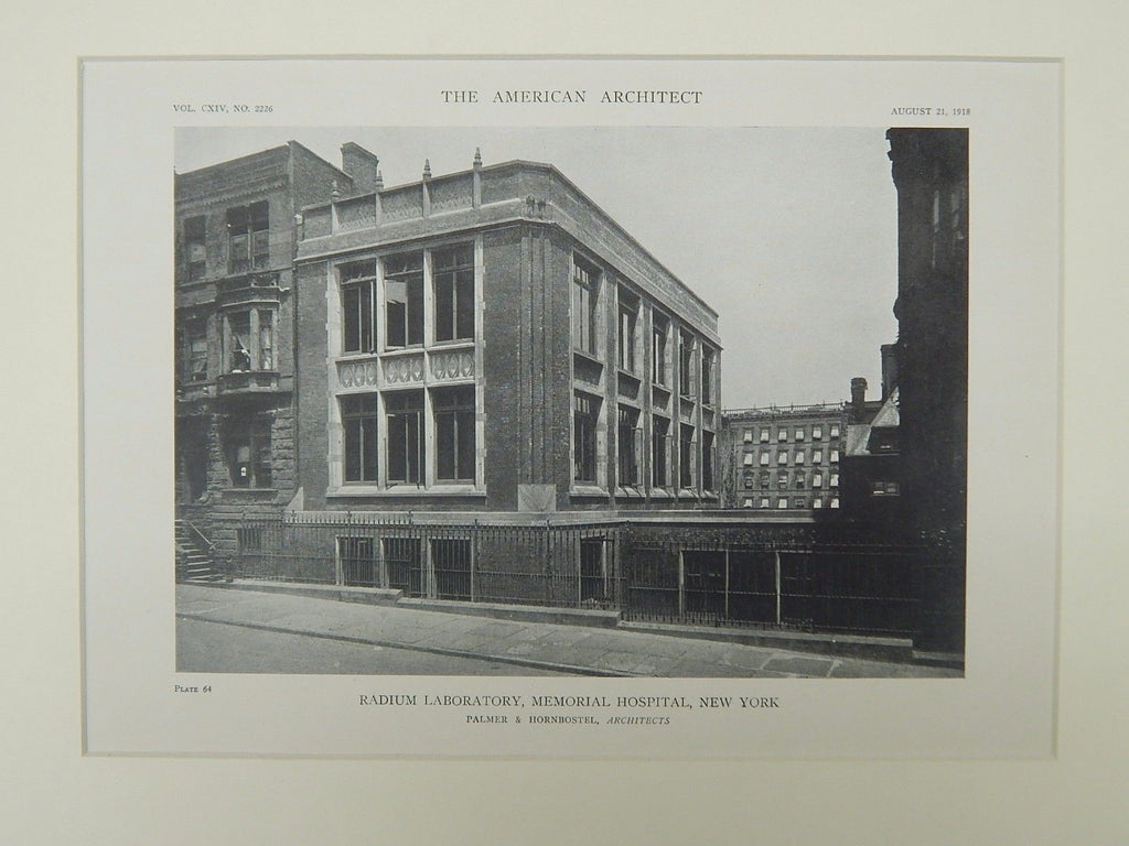 Radium Laboratory, Memorial Hospital, New York, NY, 1918, Lithograph. Palmer & Hornbostel