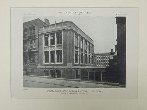Radium Laboratory, Memorial Hospital, New York, NY, 1918, Lithograph. Palmer & Hornbostel