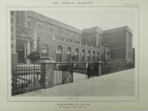 General View, Madison School, St. Louis, MO, 1914, Lithograph. William B. Ittner.