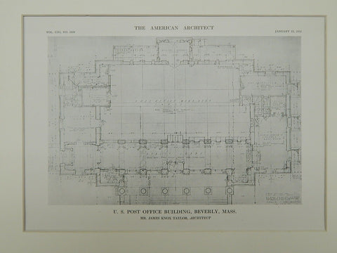 US Post Office Building, Beverly, MA, 1913, Original Plan. James Knox Taylor.