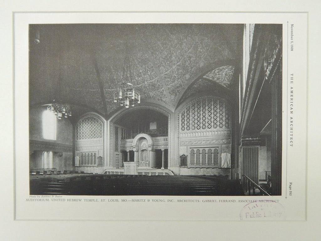Auditorium, United Hebrew Temple, St. Louis, MO, 1928, Lithograph. Maritz & Young