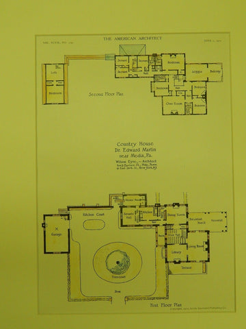 Country House of Dr. Edward Martin, Media, PA, 1910, Original Plan. Wilson Eyre.
