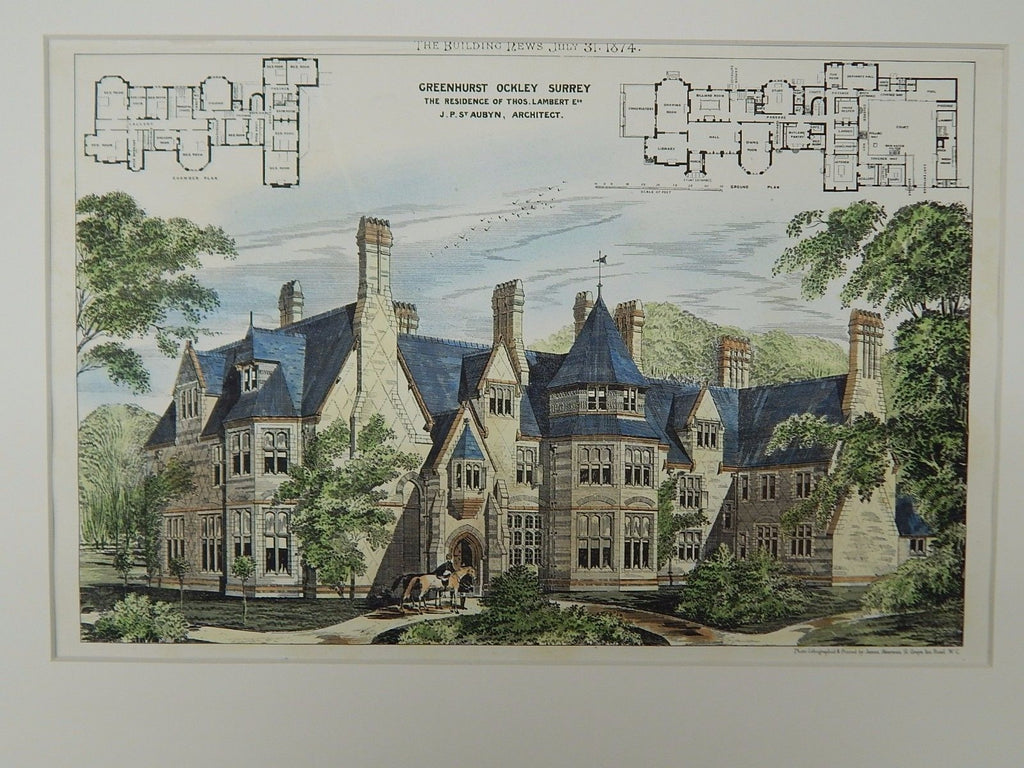 Greenhurst, Residence of Thos. Lambert, Ockley, Surrey, UK, 1874, Original Plan. J. P. St. Aubyn.
