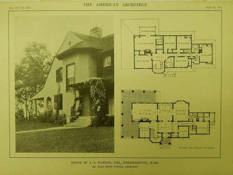 Detail & Plans, House of A. S. Warren, Northampton, MA, 1914, Lithograph. Putnam.
