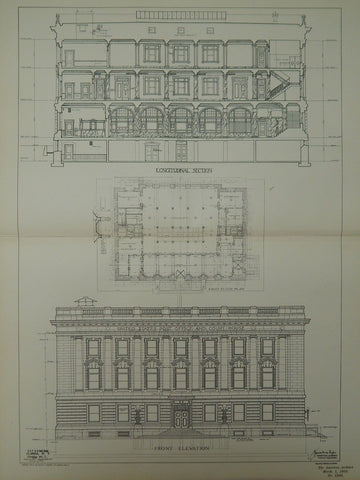 Elevation & Sections, US Post Office & Court House, Elmira, NY, 1902, Orig. Plan. James Knox Taylor.