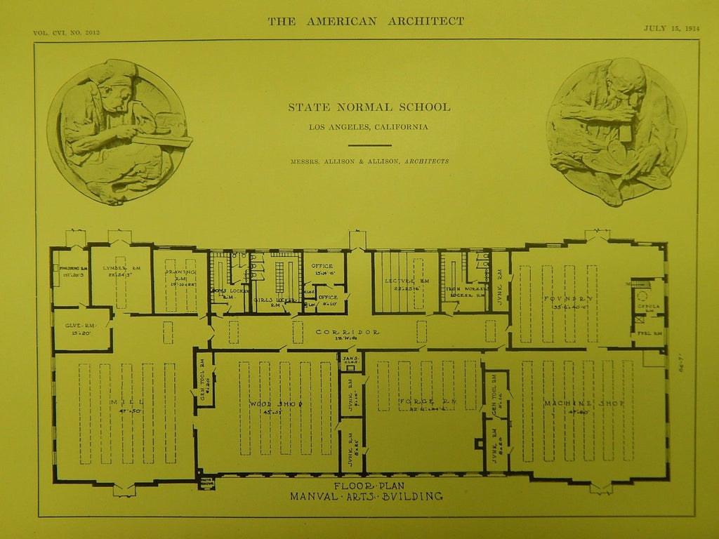 Manual Arts Building Floor, State Normal School, Los Angeles, CA, 1914, Original Plan. Allison&Allison