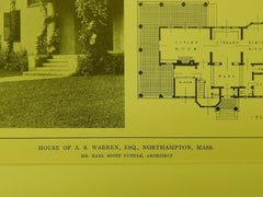 Detail & Plans, House of A. S. Warren, Northampton, MA, 1914, Lithograph. Putnam.
