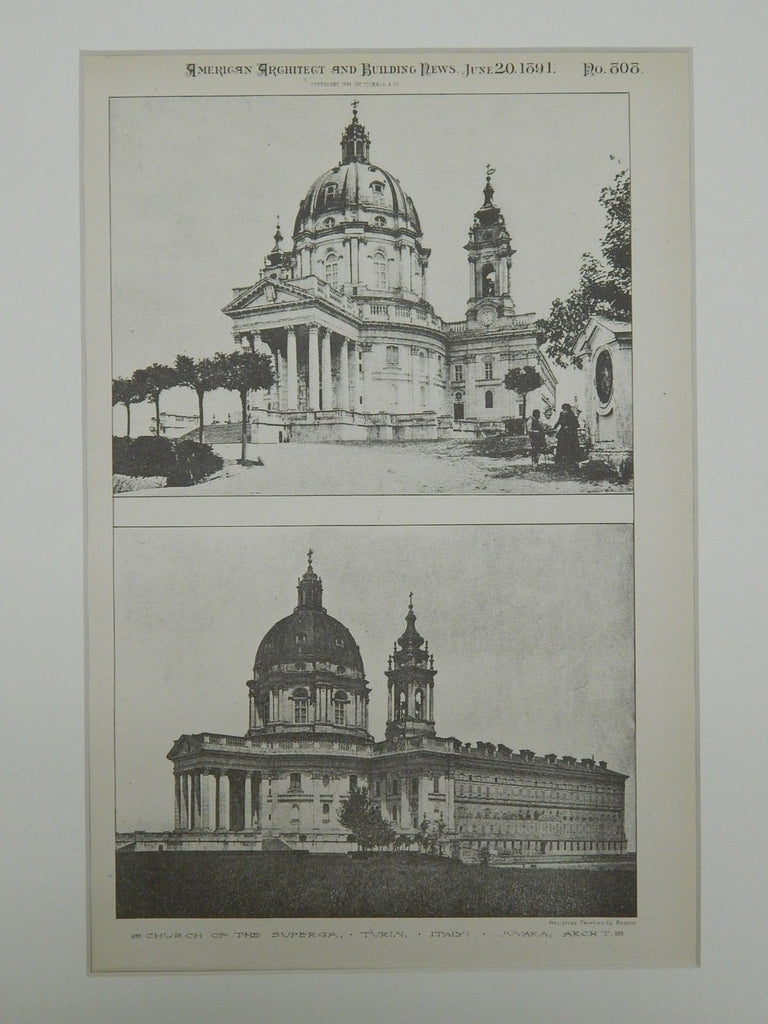 Church of the Superga, Turin, Italy, 1891, Lithograph. Filippo Juvarra.