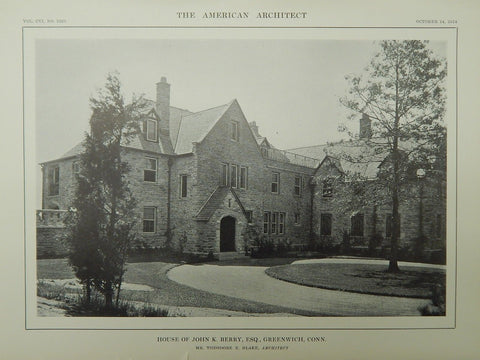 House of John K. Berry, Esq., Greenwich, CT, 1914, Lithograph. Theodore E. Blake.