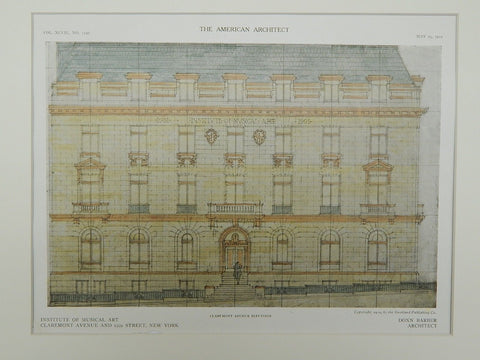 Elevation of the Institute of Musical Art in New York NY, 1910. Donn Barber
