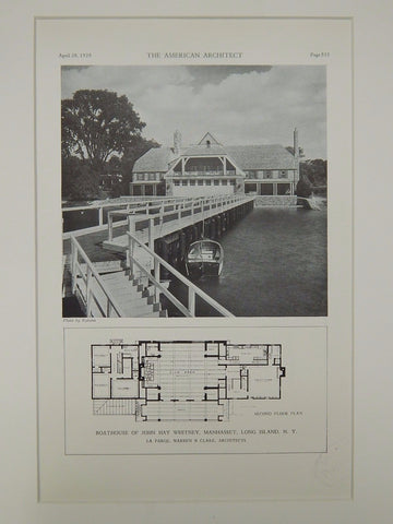 Exterior, Boathouse of John Hay Whitney, Manhasset, NY, 1929, Lithograph. La Farge, Warren & Clark.