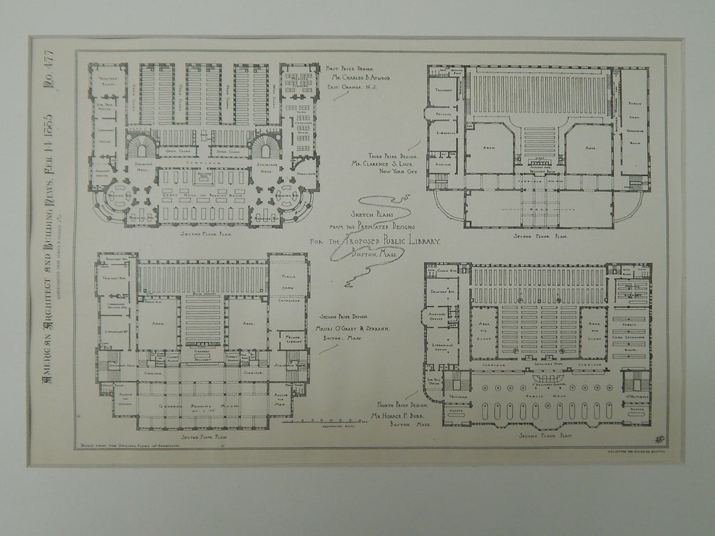 Premiated Designs, Proposed Public Library, Boston, MA, 1885, Original Plan.