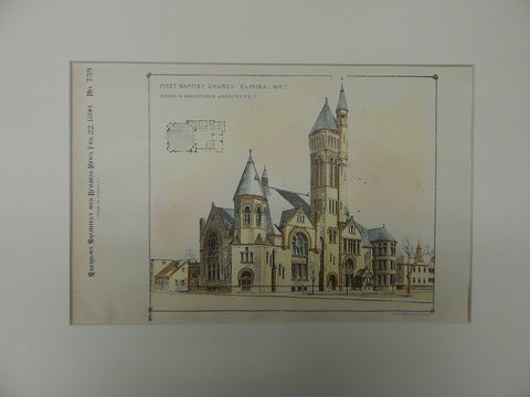 First Baptist Church, Elmira, NY, 1890, Original Plan. Pierce/Dockstader.