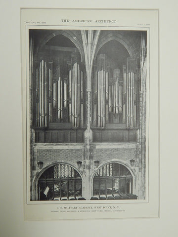 Organ, U.S. Military Academy, West Point, NY, 1914. Lithograph. Cram, Goodhue, Ferguson.