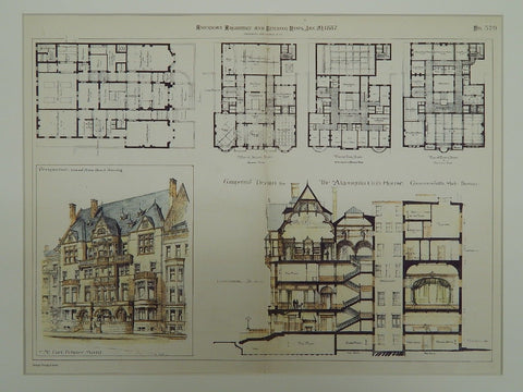 Competitive Design, The Algonquin Club House, Boston, MA, 1887, Original Plan. Carl Fehmer.
