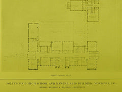Floors, Polytechnic High School & Manual Arts Bldg., Monrovia, CA, 1914, Original Plan. Allison&Allsion