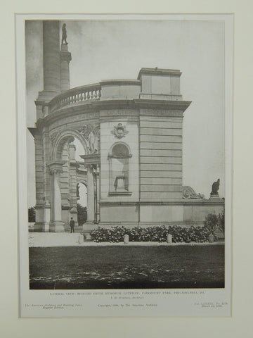 Lateral View, Richard Smith Memorial Gateway, Philadelphia, PA, 1906, Lithograph. J. H. Windrim.