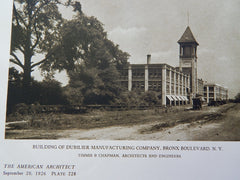 Building of Dubilier Manuf Co.,Bronx Blvd, N.Y.,& Inter'l Motor,1926, Lithograph. Timmis & Chapman.