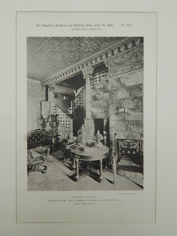 Main Hall, Residence of Mr. Isaac V. Brokaw, New York, NY, 1891, Gelatine Print. Rose & Stone.
