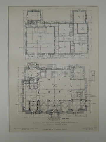US Post Office and Custom House, Burlington, VT, 1905, Original Plan. James Knox Taylor.